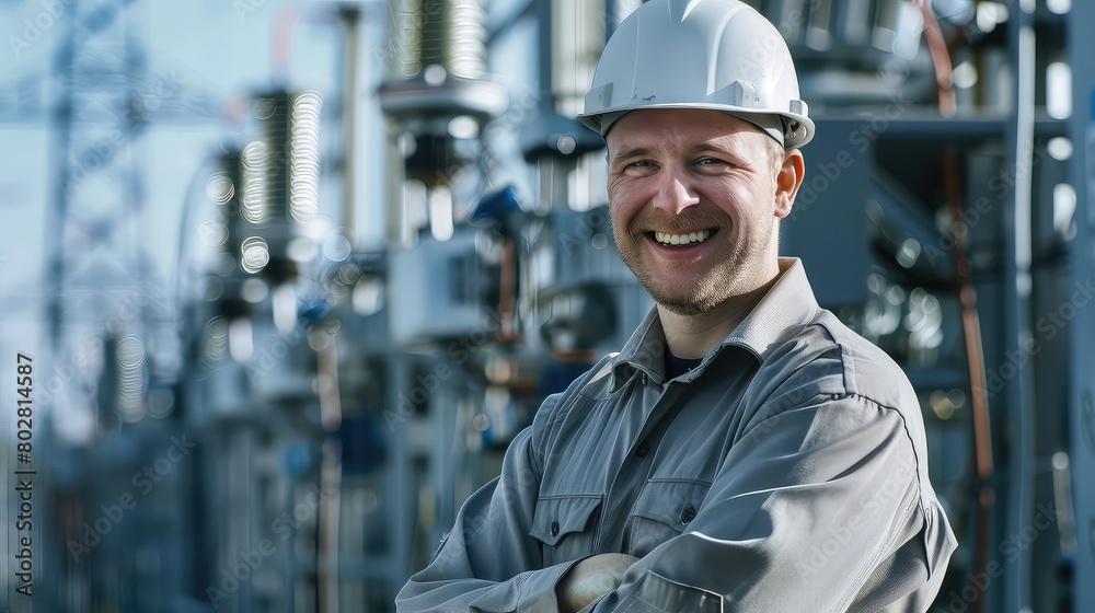 Expert oversight: Male electrician smiles with assurance while inspecting the electrical substation, ensuring optimal functionality and safety. Expert oversight: Male electrician smiles with assurance while inspecting the electrical substation, ensuring optimal functionality and safety.