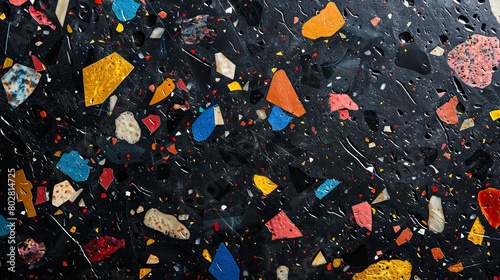 Vibrant terrazzo flooring texture with multicolored fragments on black background.