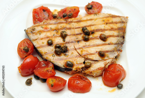 Italy Sicily Tonno alla Pantesca is tuna fish cooked with Pachino Tomatoes and capers