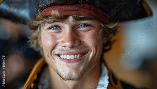 Smiling young man in a pirate costume 