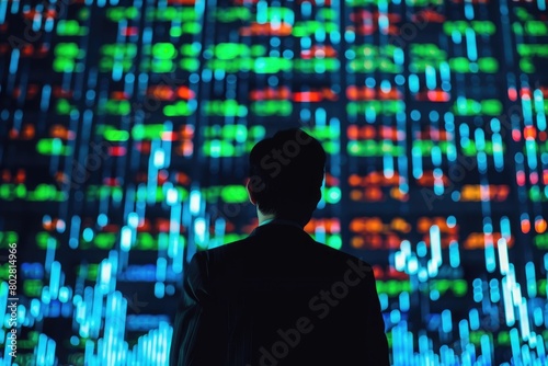 Investor sitting at night office while looking financial graph from desktop. Businessman analyzing stock market statistic chart while typing at keyboard and making decision for investment. AIG42.