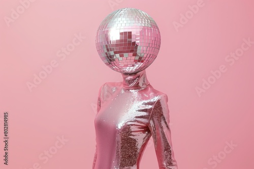 plastic fashion doll wearing pink glitter dress with disco ball istead of a head, pastel pink background, 90s nostalgia