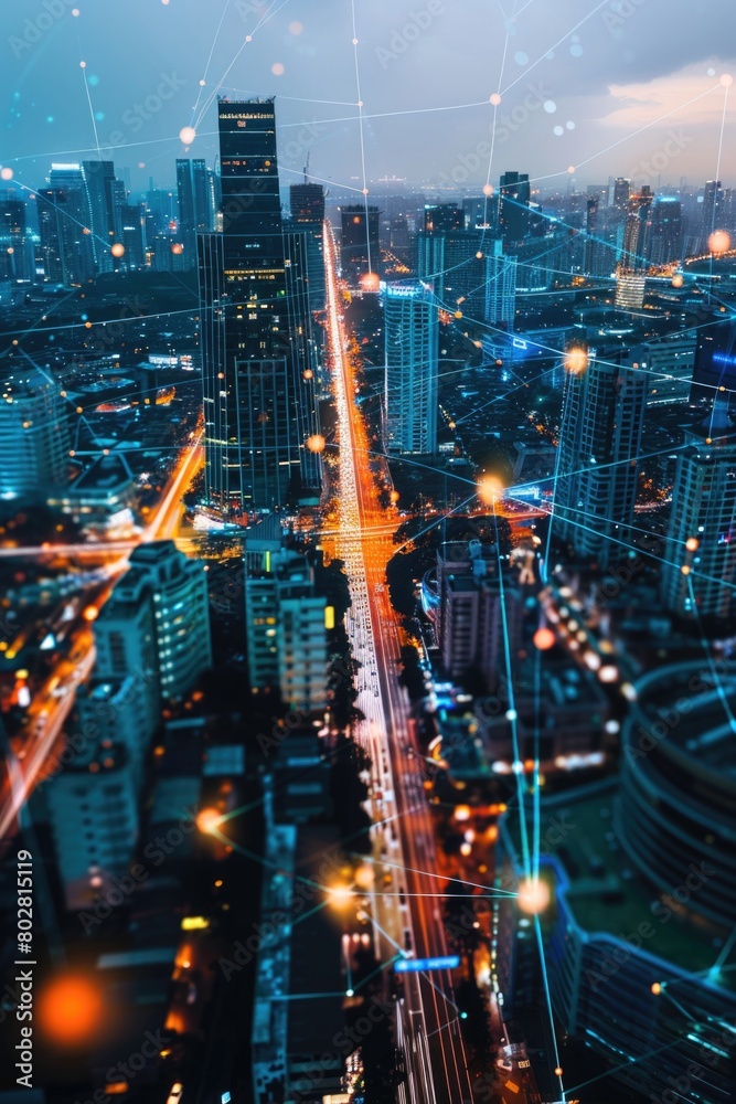 Fototapeta premium A cityscape at night with glowing connected lines. Perfect for urban design projects