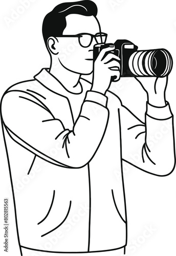 Minimal vector line art of A man taking a picture with a camera celebrating Photography Day