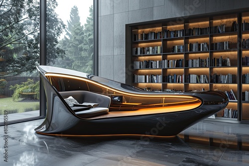 A sleek reading desk with integrated technology features in a minimalist library, catering to modern readers. photo