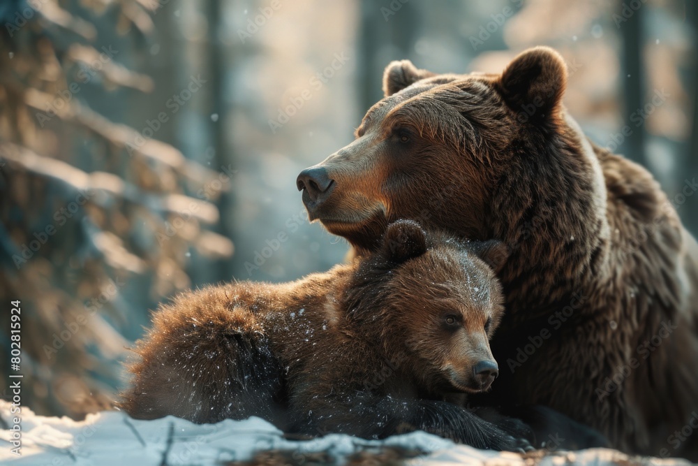 Obraz premium A mother bear and her cub in the snowy wilderness. Perfect for wildlife and nature themes
