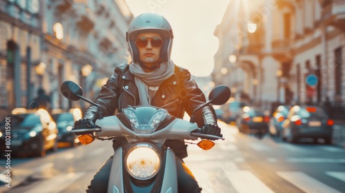 A man on a motorcycle riding down a city street, suitable for transportation concepts © Ева Поликарпова