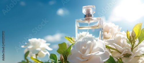 A bottle of glass perfume surrounded by white gardenias  with a blue sky and clouds in the background