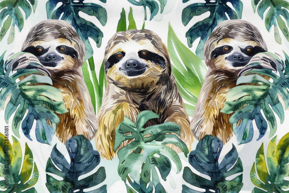 Fototapeta premium A painting of a sloth in its natural jungle habitat. Suitable for nature and wildlife themes