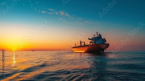 Cargo ship sails across the ocean at sunset against a clear blue sky. The vessel carries goods for international shipping and logistics, facilitating global trade and commerce.