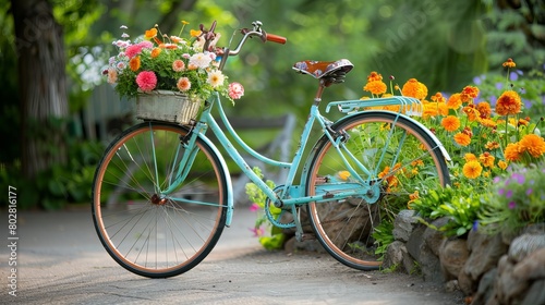 Charming vintage bicycle adorned with vibrant flowers stands against a serene summer backdrop.