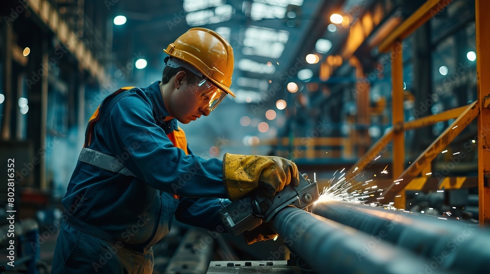 An industrial worker in a factory uses an angle grinder to cut a metal tube. The worker is wearing a hard hat and safety uniform as they manufacture metal structures for a contractor. An industrial worker in a factory uses an angle grinder to cut a metal tube. The worker is wearing a hard hat and safety uniform as they manufacture metal structures for a contractor.