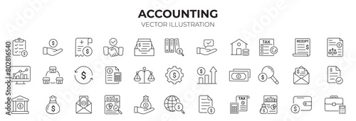 Accounting editable stroke outline icons set. Accountant, financial, business firm tax, statement, calculator, and balance sheet icons. Vector Illustration. photo