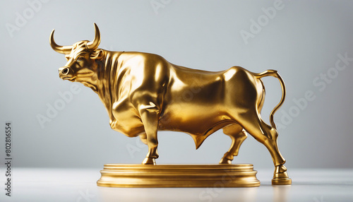 Golden statue of a muscled bull  isolated white background  copy space for text  