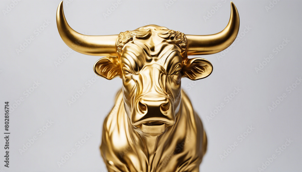Golden statue of a muscled bull, isolated white background, copy space for text
Golden statue of a muscled bull, isolated white background, copy space for text