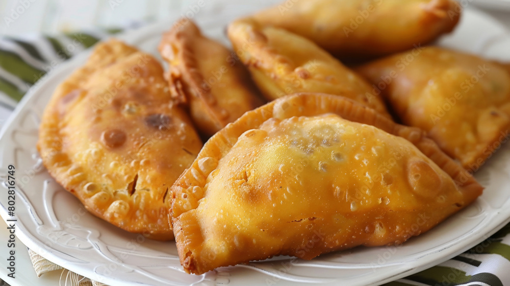 Delicious golden jamaican patties served on a white plate, showcasing traditional caribbean cuisine with a flaky pastry crust