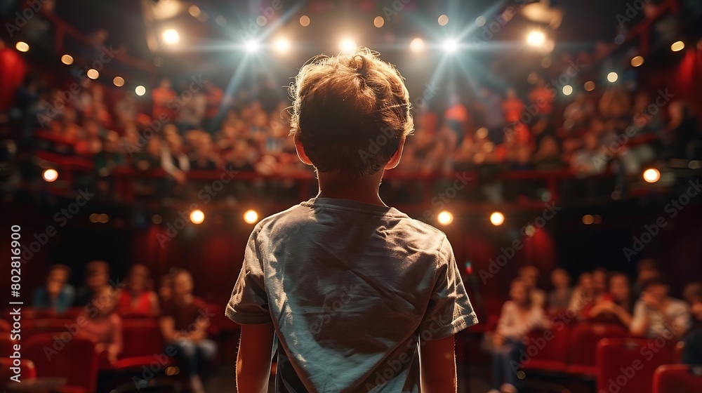 child seen from behind on a stage while he or she is entertaining a crowd. : Generative AI
