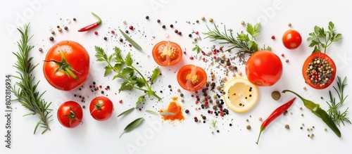 Fresh raw vegetables and spices for soup on a white background, photographed from above.