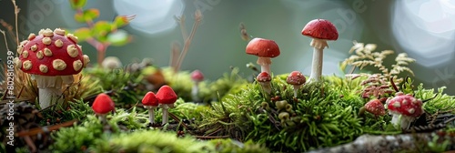 a colorful array of mushrooms, including red, pink, and red - and - pink varieties, grow on a mossy photo