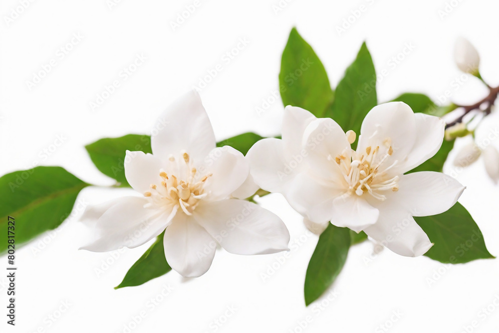 Obraz premium Branch of beautiful jasmine flowers on isolated white background