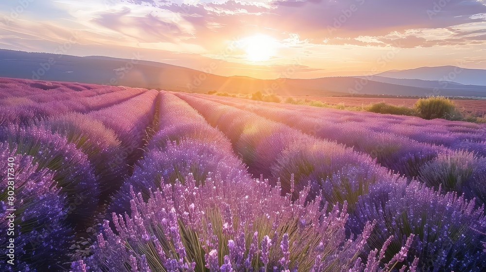 Obraz premium Morning glow in the lavender fields: Soft hues of sunrise cast a warm glow over rows of lavender, capturing the essence of summer. 