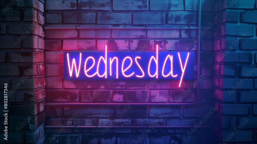 Neon Wednesday text on dark wall background Neon Wednesday text on dark wall background