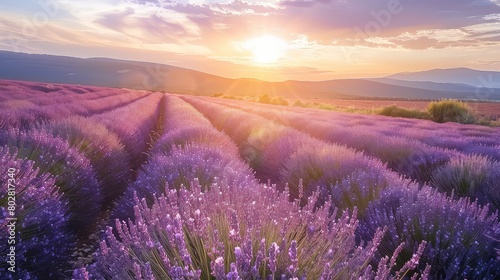 Morning glow in the lavender fields: Soft hues of sunrise cast a warm glow over rows of lavender, capturing the essence of summer. 