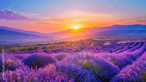 Morning magic in the lavender fields: Sunrise transforms the landscape into a sea of purple and gold, a scene of natural beauty. 