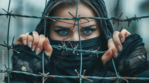 Standing against oppression concept with masked woman grabbing barbwire, opposition and standing up against tyranny photo