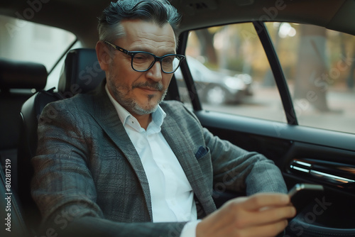 Stylish middle-aged business man in suit and glasses using smartphone while sitting on backseat of car, photographed in the style of sony alpha photo
