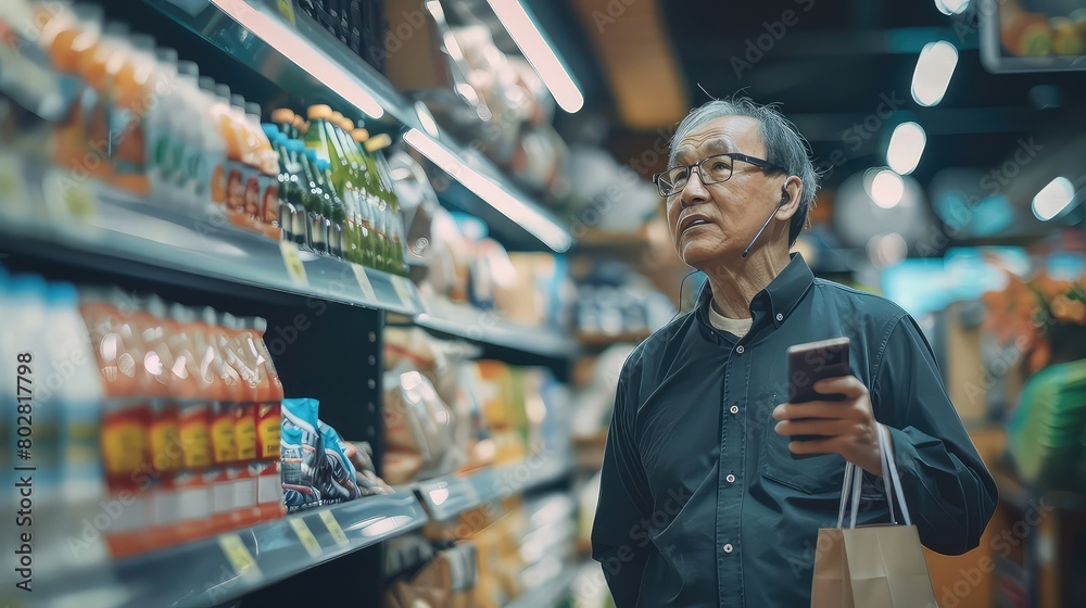 Owner of a local supermarket multitasks, checking inventory while negotiating deals over the phone. Owner of a local supermarket multitasks, checking inventory while negotiating deals over the phone.