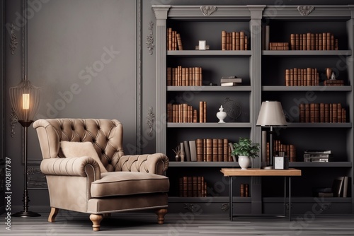 Luxury home library interior with bookshelves, armchair and coffee table. Home study room design concept with vintage books on the shelf in a gray color scheme. AI generated
