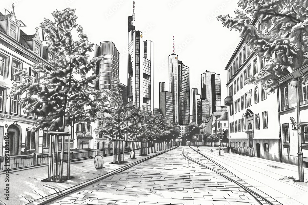 A drawing of a city street with tall buildings. Suitable for urban design projects