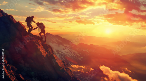Two hikers helping each other climb the mountain top. A beautiful sunrise landscape with an epic scenery and epic lighting at the golden hour, painted in a photo realistic, cinematic style