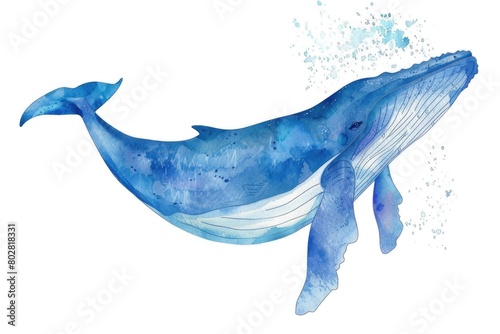 Realistic watercolor painting of a majestic blue whale. Perfect for educational materials or ocean-themed designs