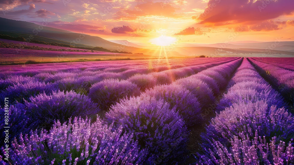 Sunrise over purple paradise: Lavender fields come to life under the first light of dawn, a peaceful scene of summer awakening. Sunrise over purple paradise: Lavender fields come to life under the first light of dawn, a peaceful scene of summer awakening.