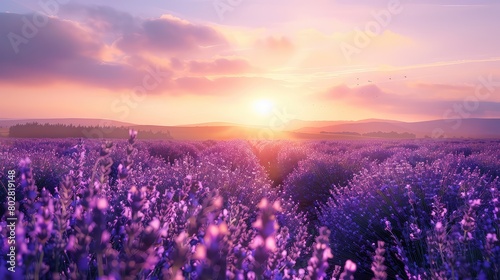 Sunrise over purple paradise: Lavender fields come to life under the first light of dawn, a peaceful scene of summer awakening.