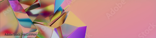 Modern Abstract Banner, with Refractive Crystal Shapes. Vibrant, Multicolored 3D Render with copy-space. 