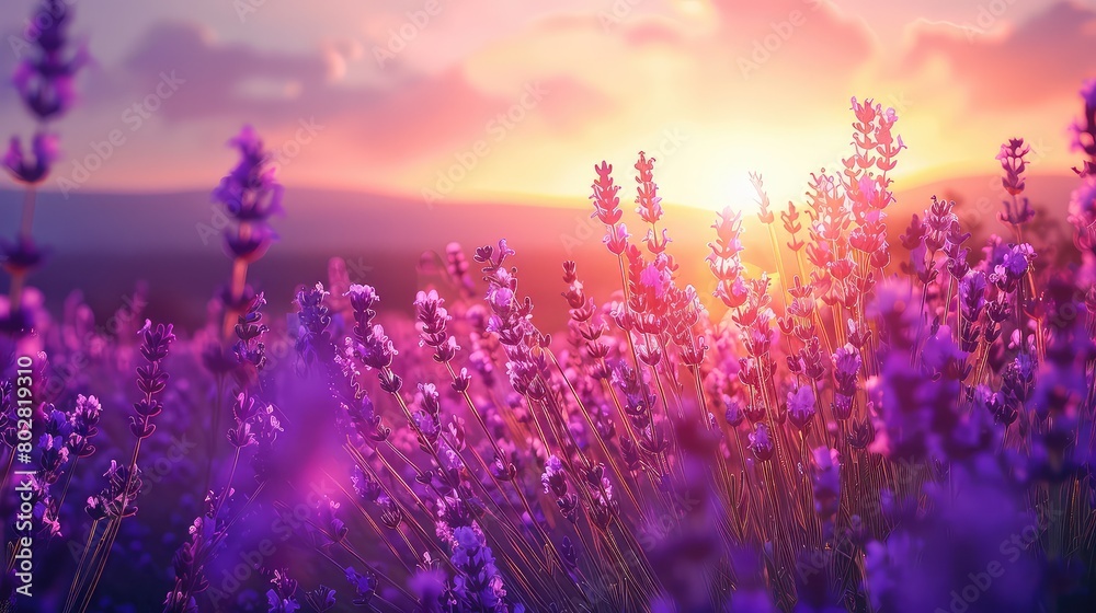 Naklejka premium Sunrise symphony in purple: Lavender fields come alive with the first light of day, a breathtaking sight of summer beauty.