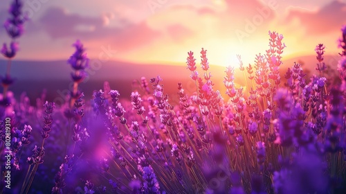 Sunrise symphony in purple  Lavender fields come alive with the first light of day  a breathtaking sight of summer beauty.