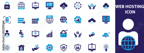 Web hosting icon set. Containing cloud computing, server, domain, firewall, internet, FTP, database, SSL, data hosting and more. Solid vector icons collection.