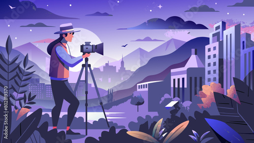 art photgrhaper FLAT ILLUSTRATION of a photographer in nature who takes pictures of the world on camera