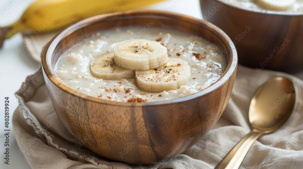 Scrumptious jamaican banana porridge topped with fresh banana slices and a dash of cinnamon against a white backdrop Scrumptious jamaican banana porridge topped with fresh banana slices and a dash of cinnamon against a white backdrop