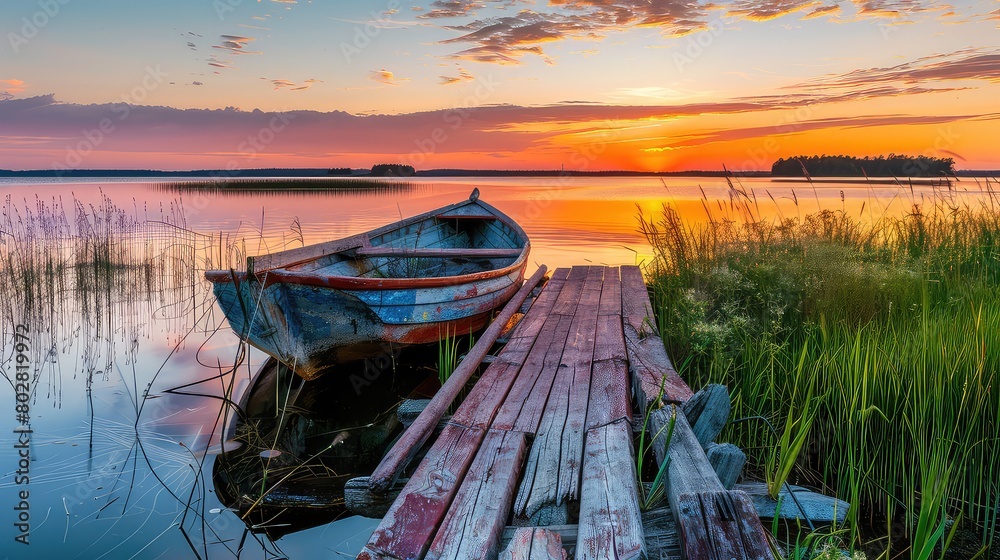 Fototapeta premium Tranquil evening by the lake: A traditional boat rests by the weathered wooden dock, as the sunset paints the sky in shades of orange and pink.