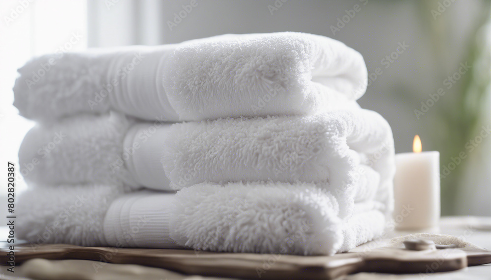 Light white spa towels pile, bath towels lying in a stack on light white peaceful background
Light white spa towels pile, bath towels lying in a stack on light white peaceful background