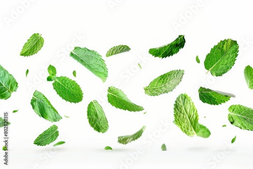 Fresh green leaves floating gracefully in the air. Ideal for nature and environmental concepts