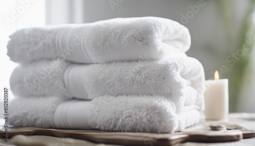 Light white spa towels pile, bath towels lying in a stack on light white peaceful background 