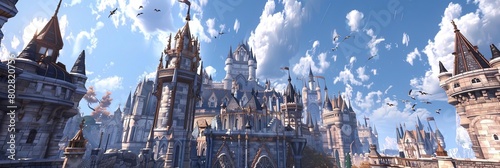 a castle in the sky with birds flying around it