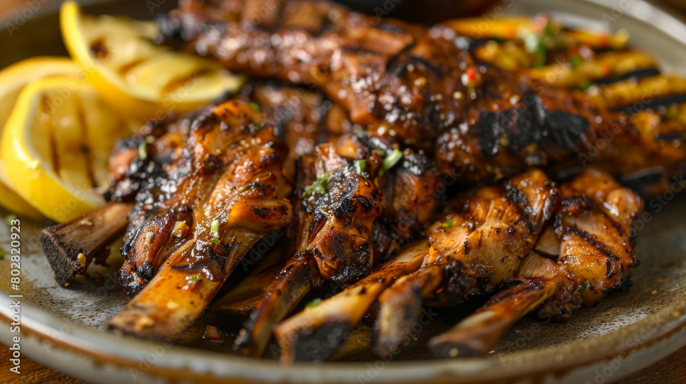 Savory jamaican jerk chicken, expertly seasoned and grilled, presented with zesty lemon slices on a rustic platter