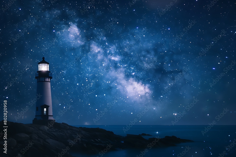 A solitary lighthouse pierces the darkness with a resolute beam, casting light against a star-studded night sky.